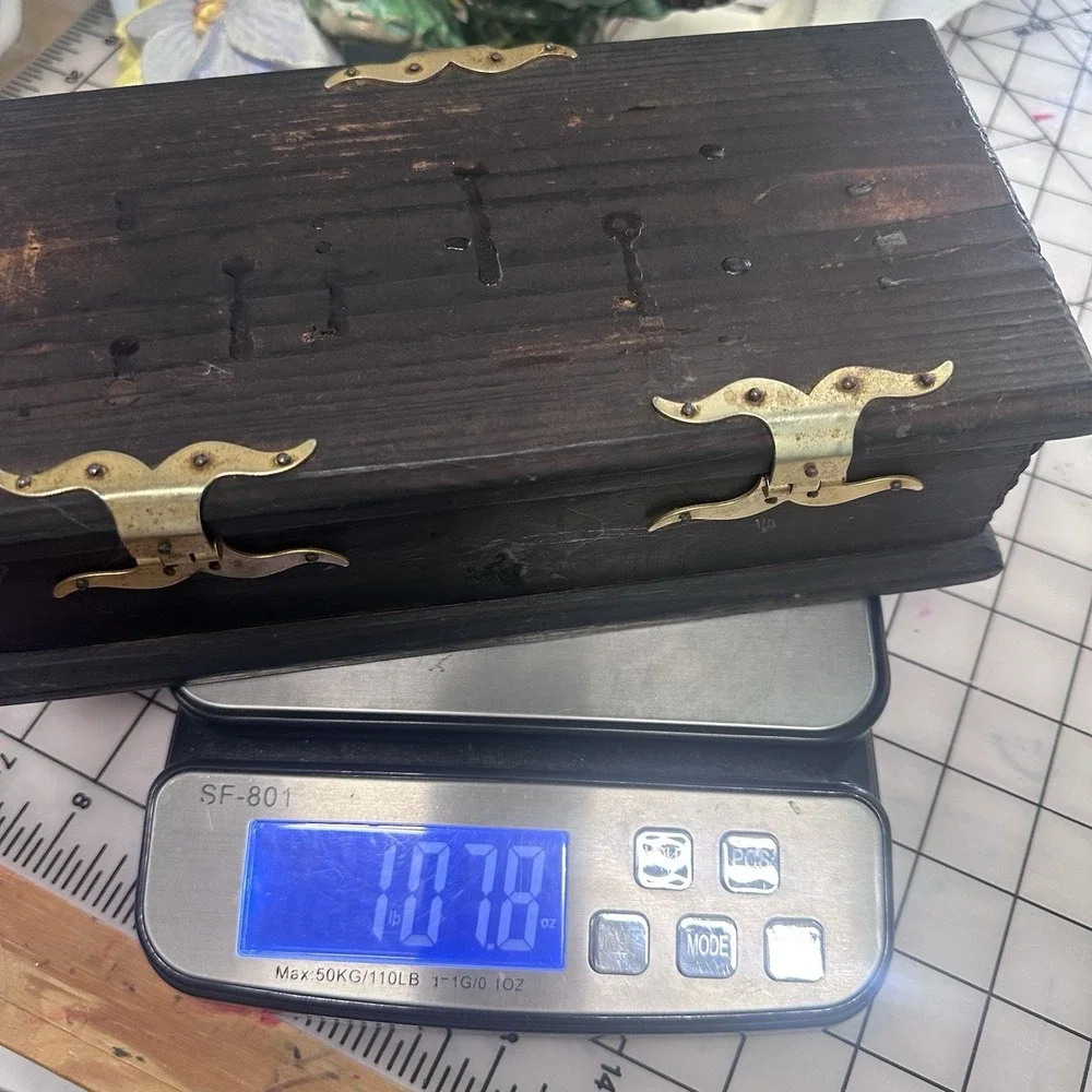 Vintage Wooden Jewelry Box Treasure Chest Trinket Rustic Pirate Gold Hardware Go